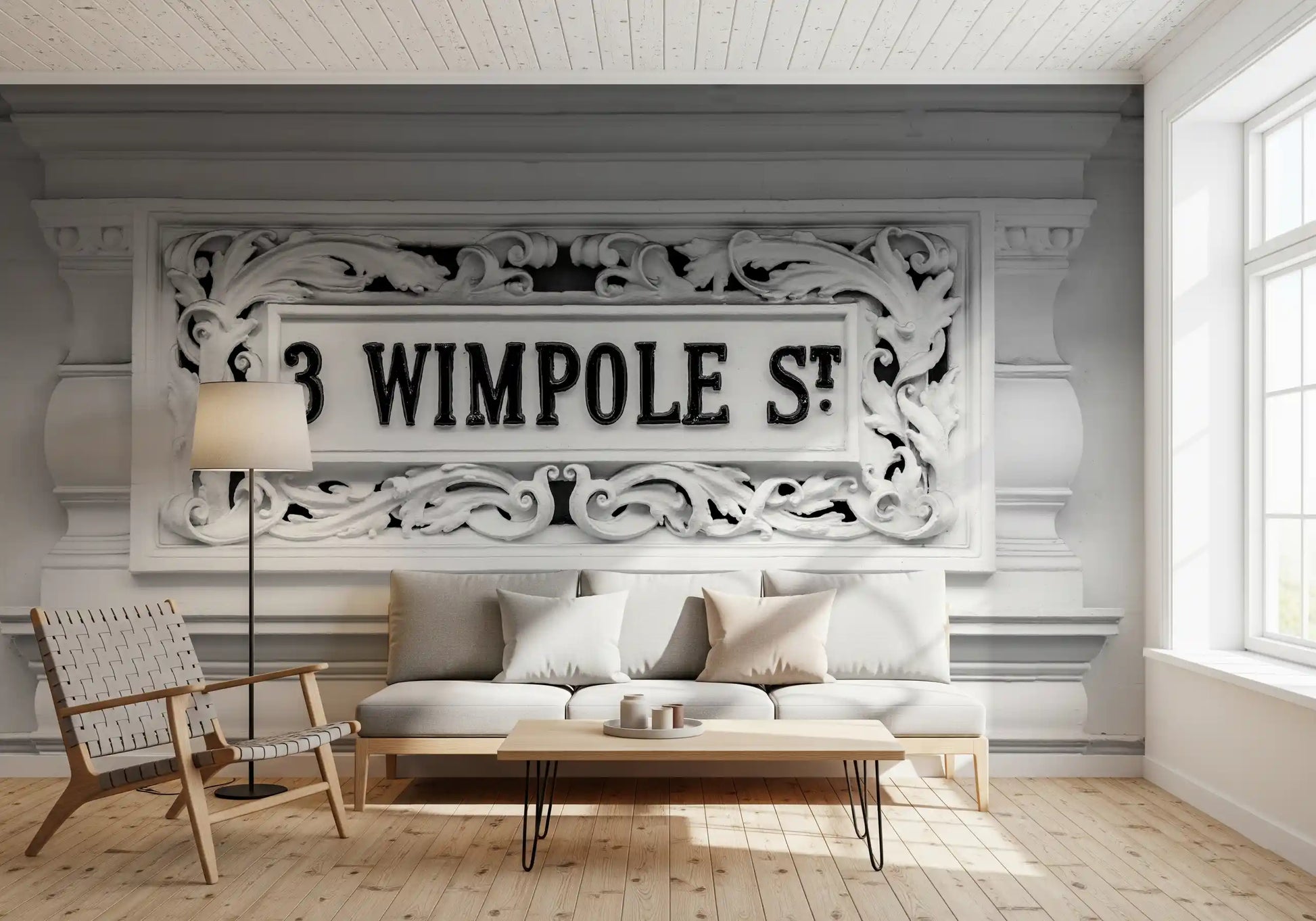 Stone plaque wall mural with intricate scrollwork and mouldings