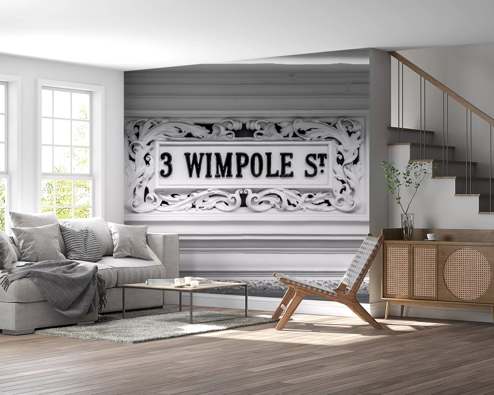 Monochrome wall mural featuring decorative baroque stonework