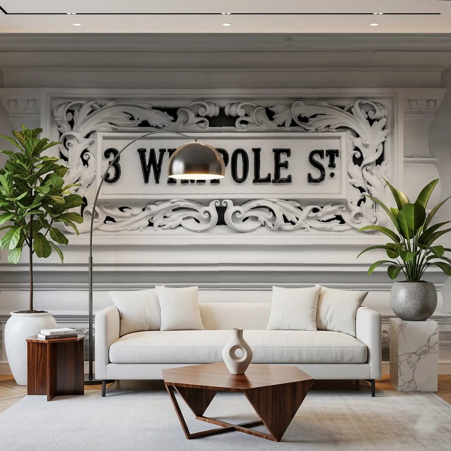 Historic facade wall mural with detailed ornamental carvings