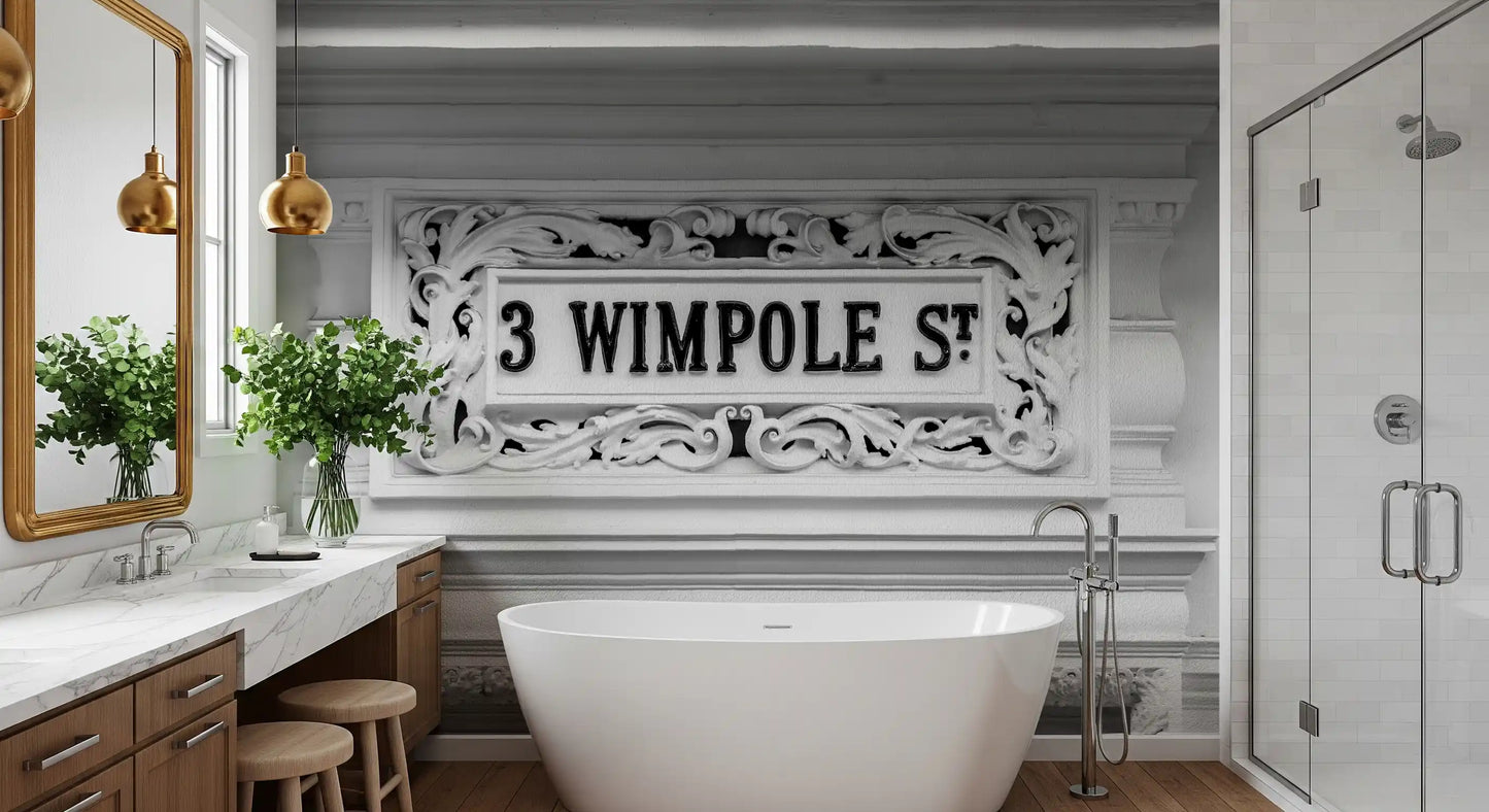 Black and white wall mural featuring carved facade elements