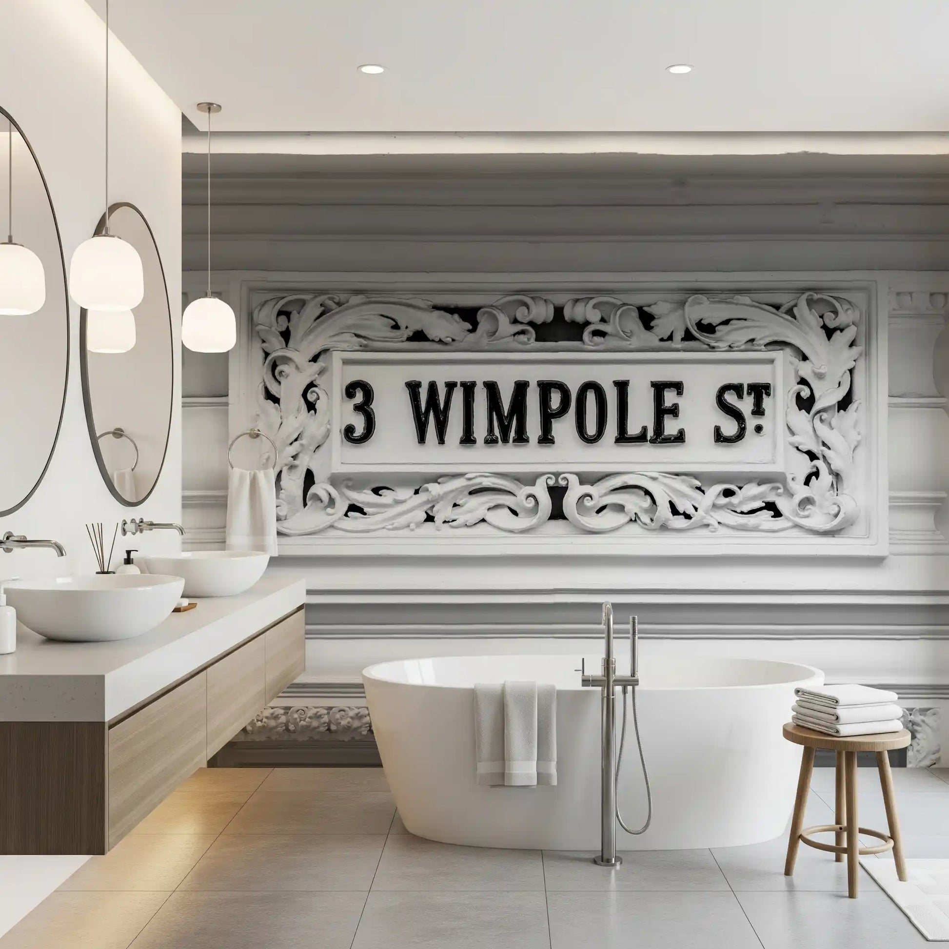 Classic architectural wall mural with elegant carved frame