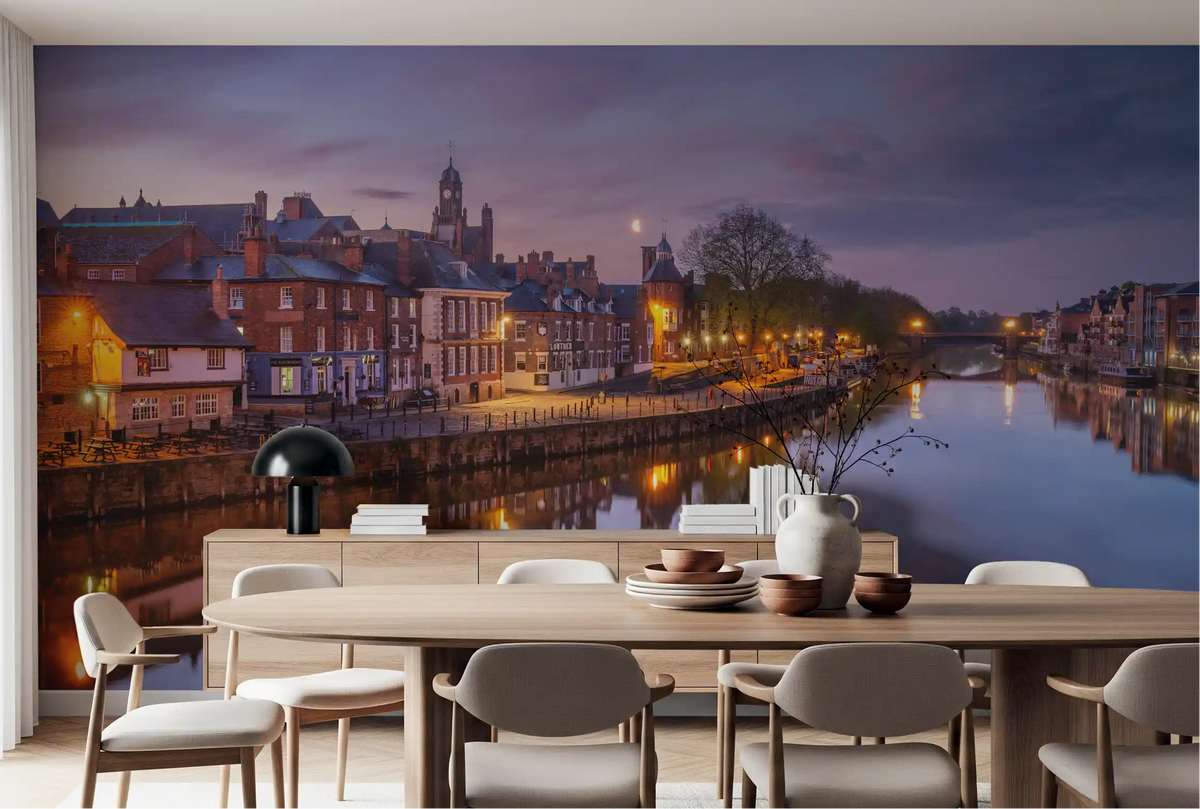 Riverside dusk wall mural with glowing waterfront reflections