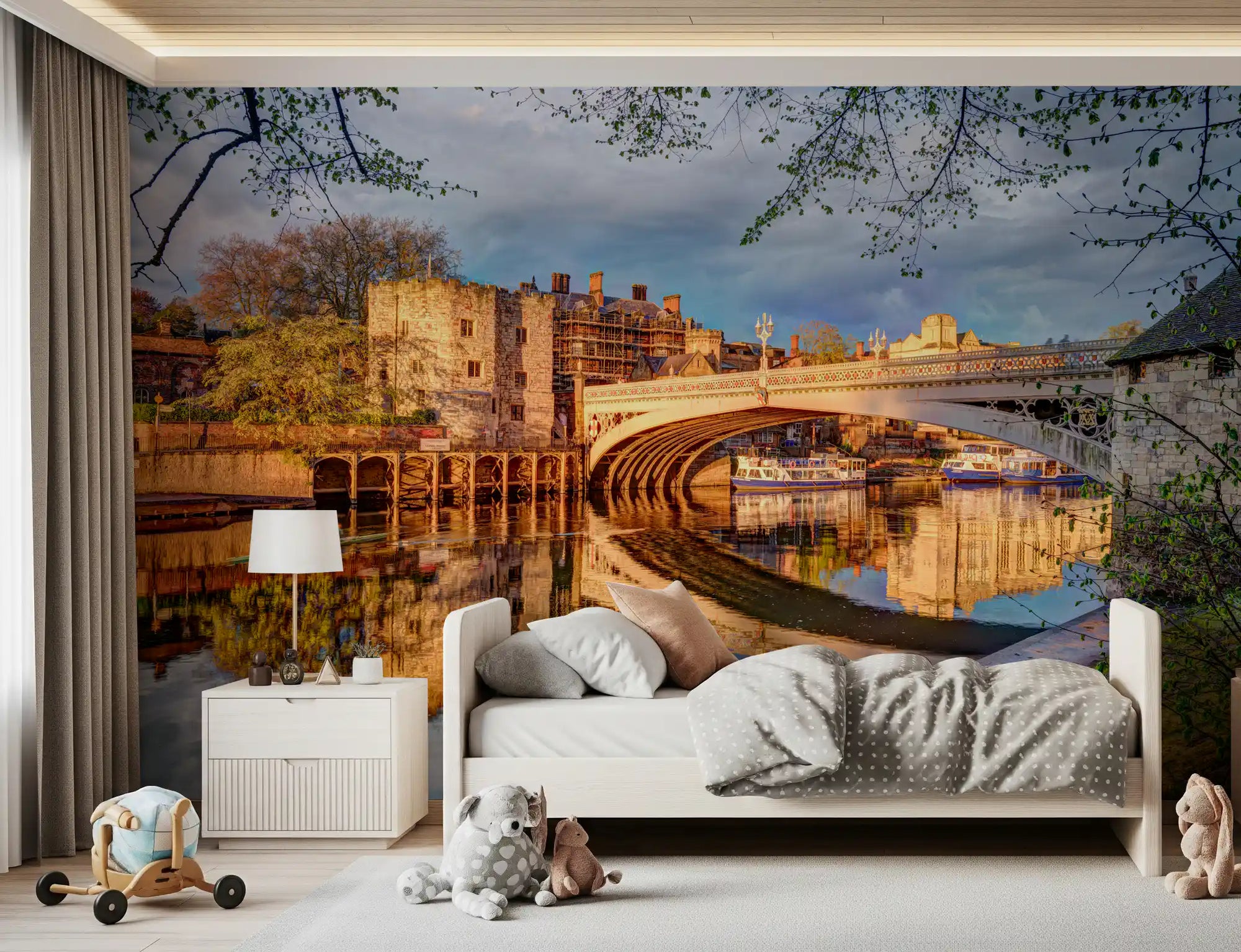York riverside wall mural with golden reflections on calm water