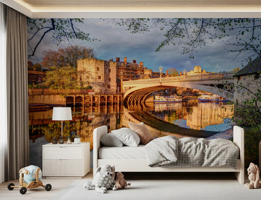 York riverside wall mural with golden reflections on calm water