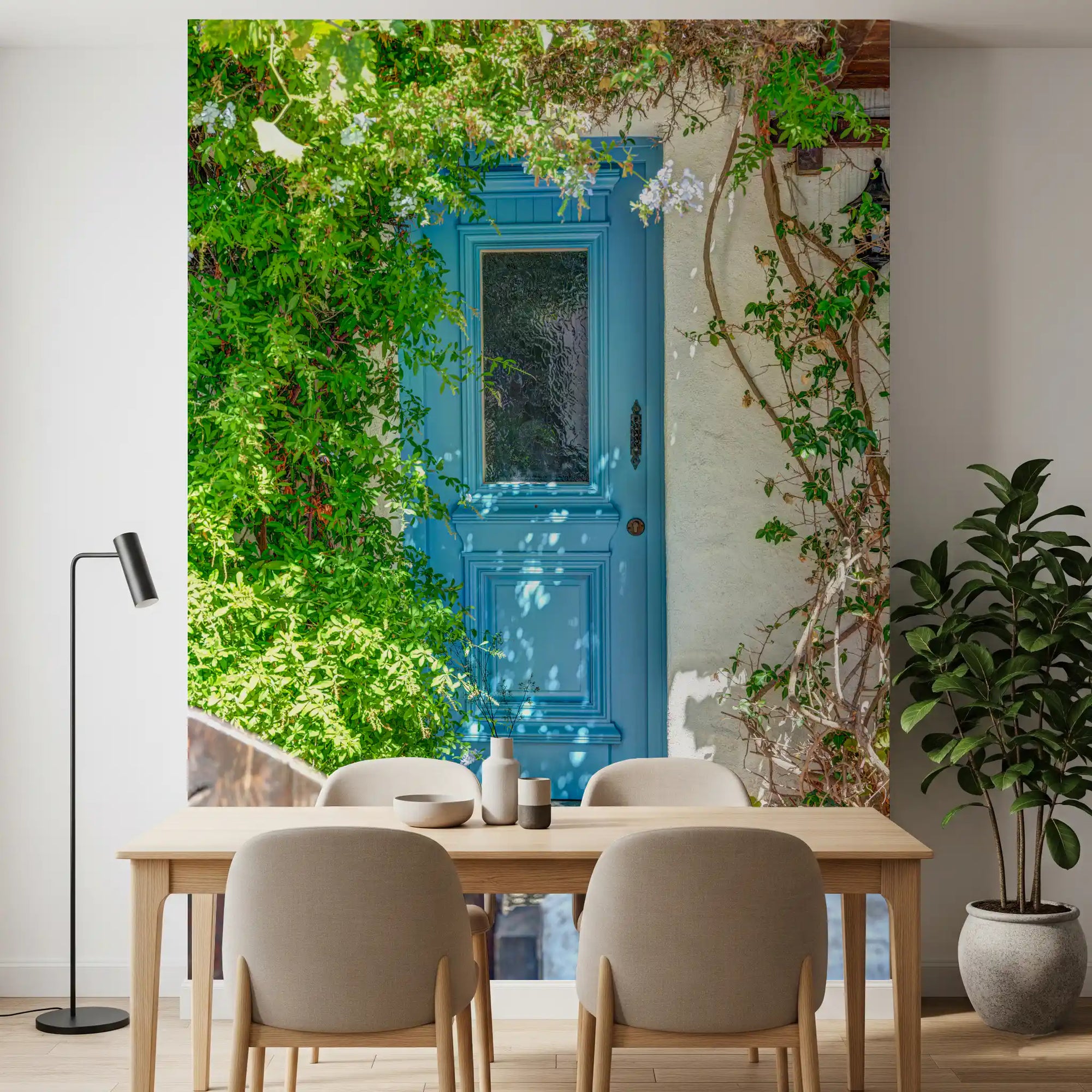Azure doorway wall mural with blue door and textured 