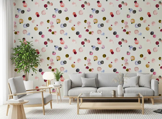 Painted circle wallpaper with terracotta and beige accents
