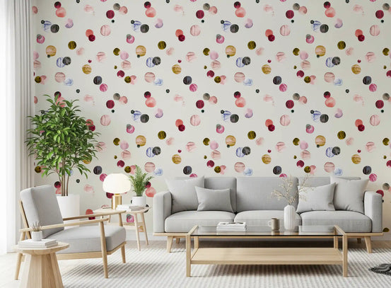 Painted circle wallpaper with terracotta and beige accents
