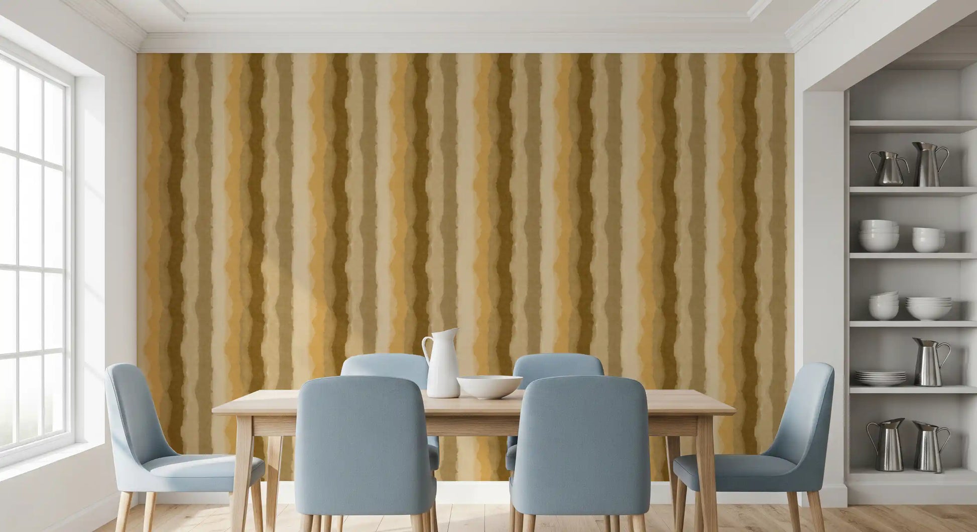 Watercolor stripe wallpaper in earthy golden ocher tones
