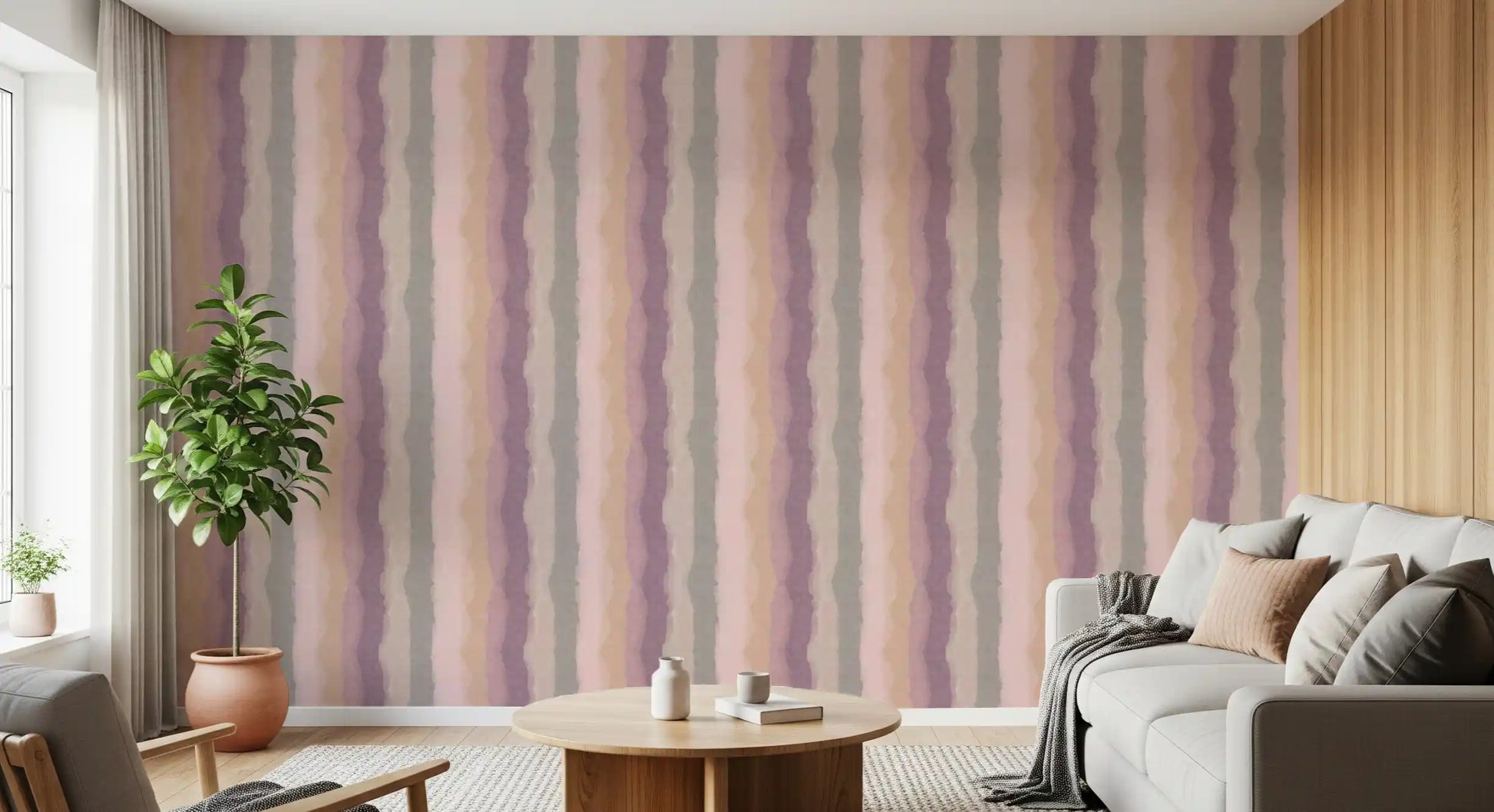 Sunrise painted stripes wallpaper with blush and peach tones
