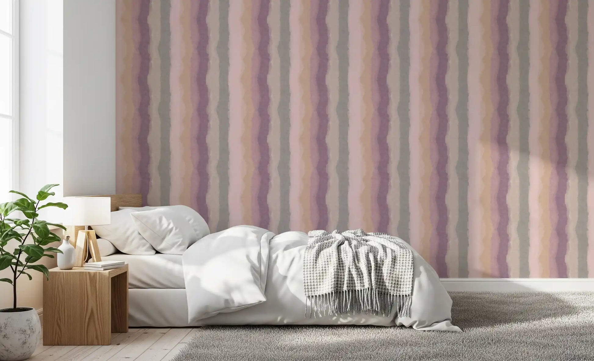 Contemporary wallpaper with blush pink painted stripes
