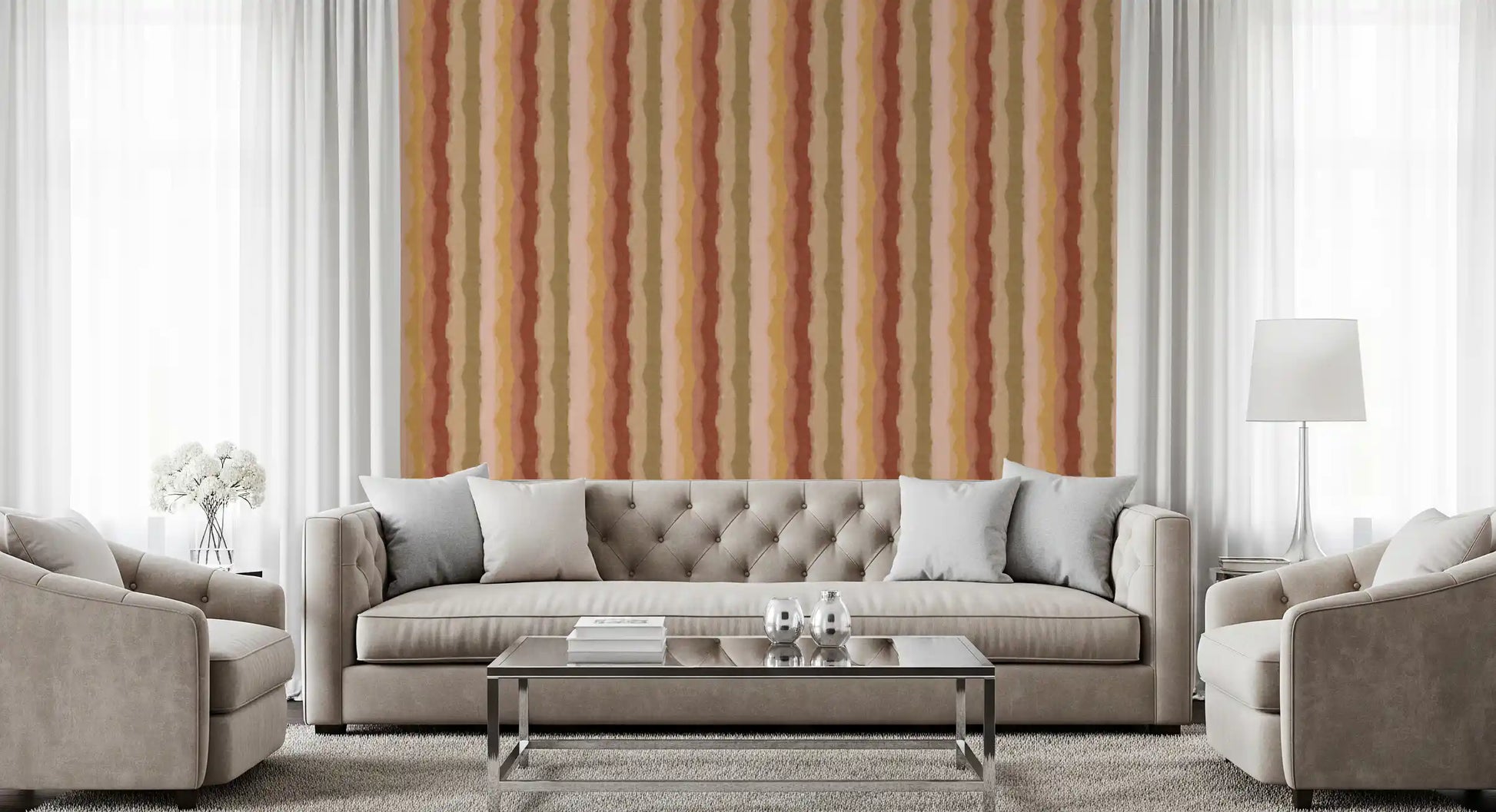 Hand painted stripe wallpaper in peach and terracotta hues
