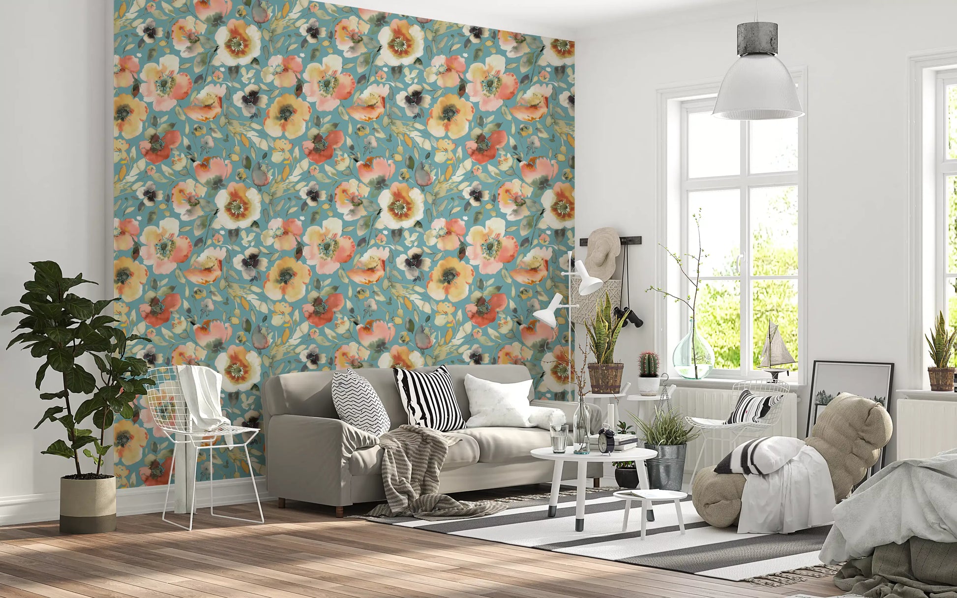 Floral pattern wallpaper with peach flowers and teal leaves
