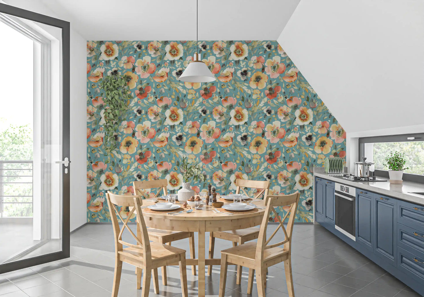 Botanical wallpaper showcasing watercolor blooms and foliage
