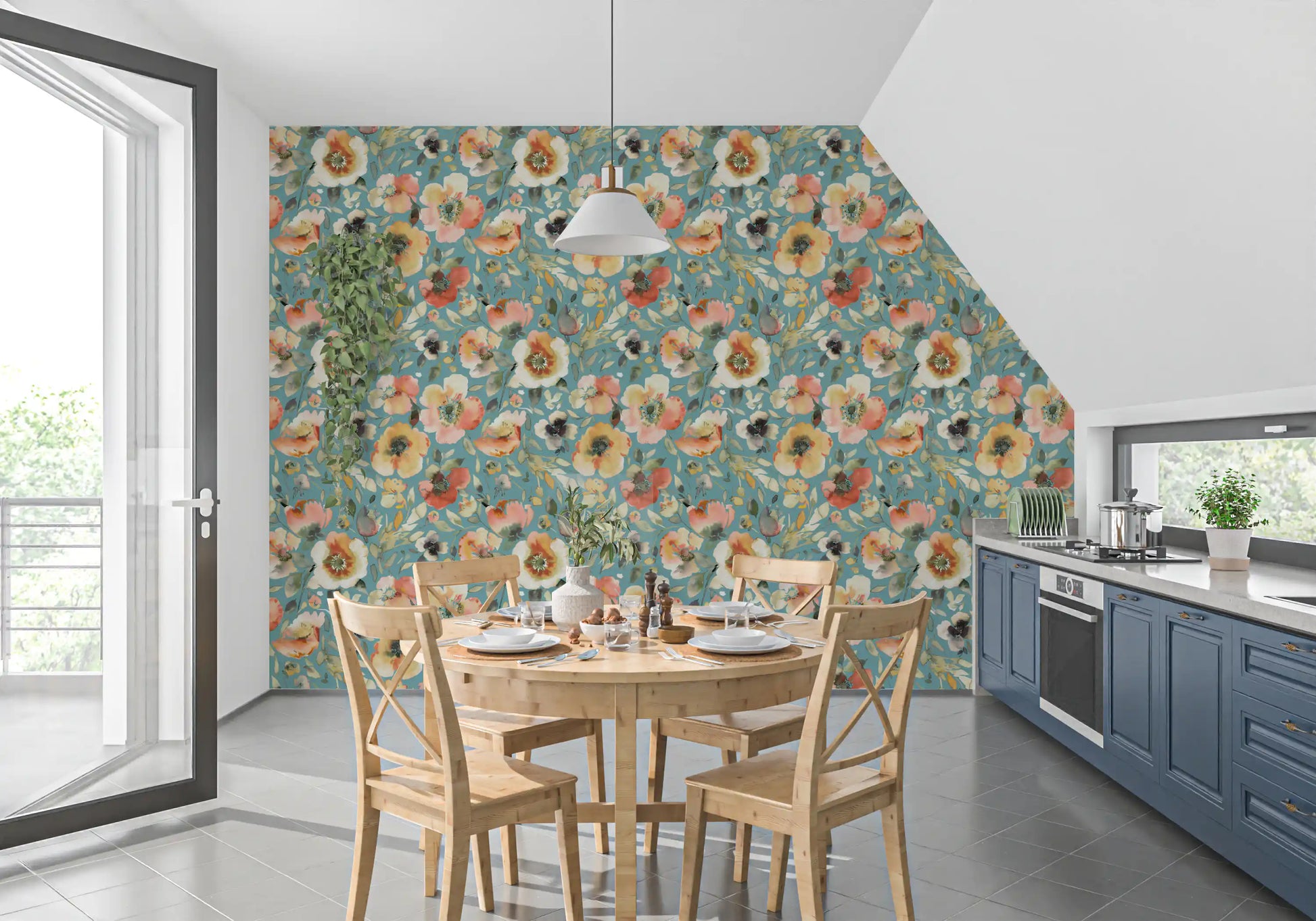 Botanical wallpaper showcasing watercolor blooms and foliage
