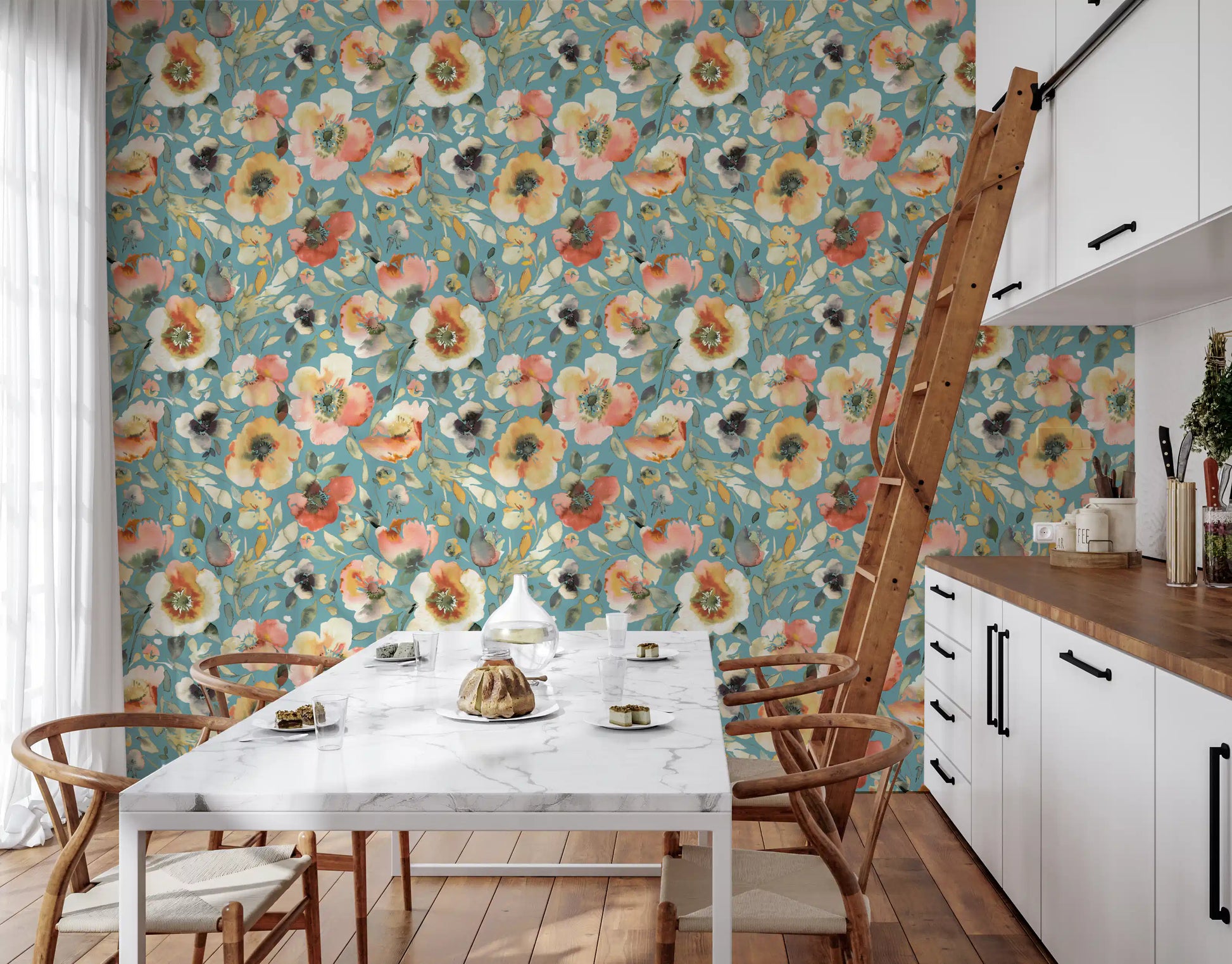 Teal and peach floral wallpaper with delicate painted flowers
