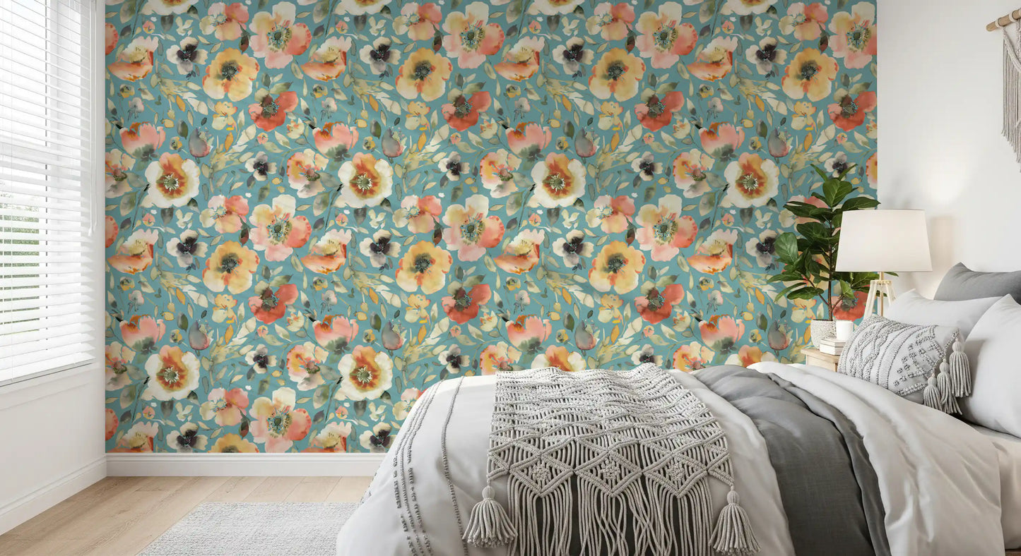 Watercolor flower wallpaper featuring soft teal foliage accents
