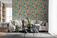 Soft floral wallpaper with teal greenery and peach blossoms

