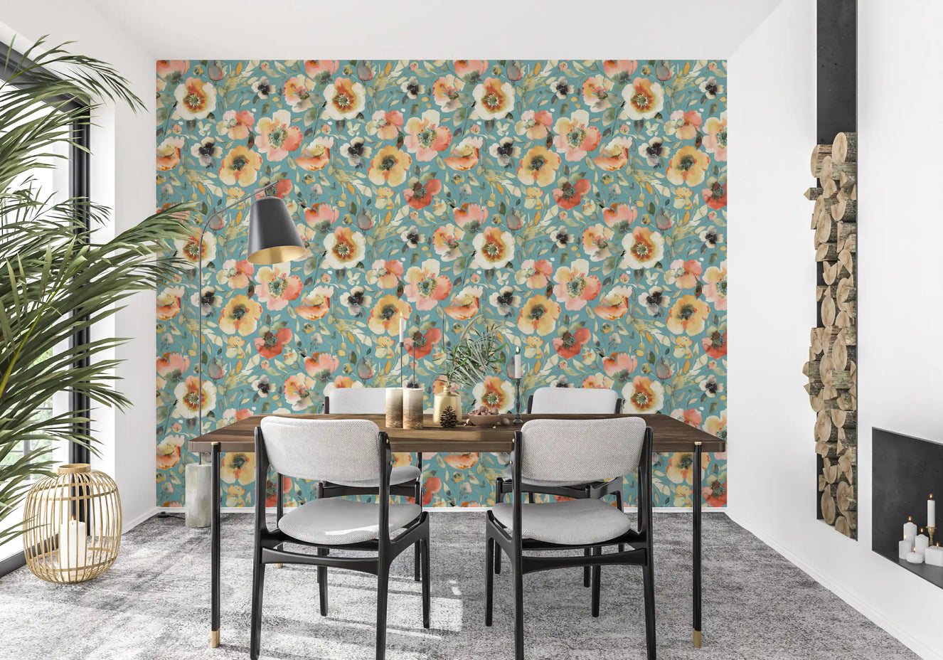 Soft Watercolor Floral Blooms Teal Peach Wallpaper⁠