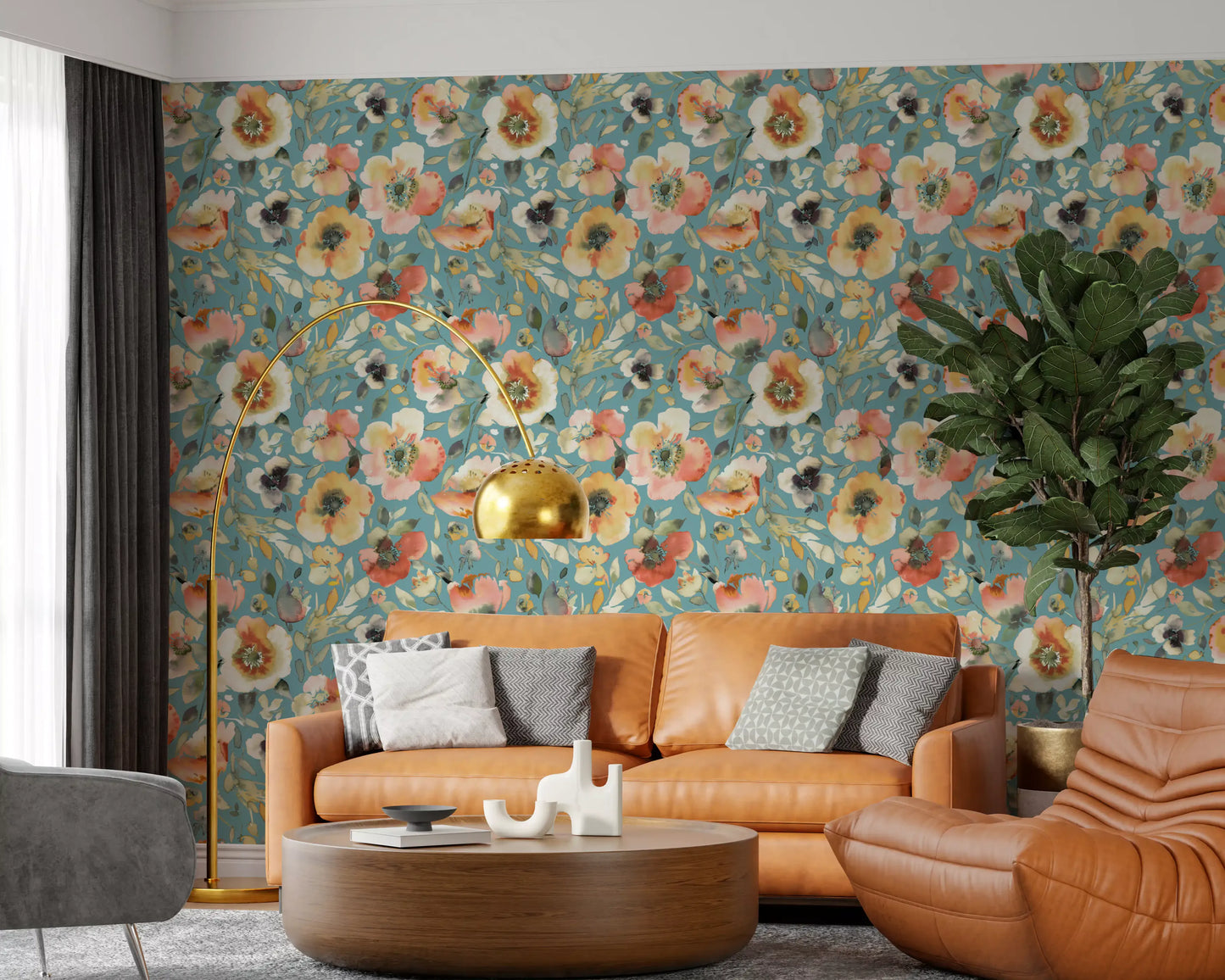 Botanical wallpaper with peach blossoms and teal greenery
