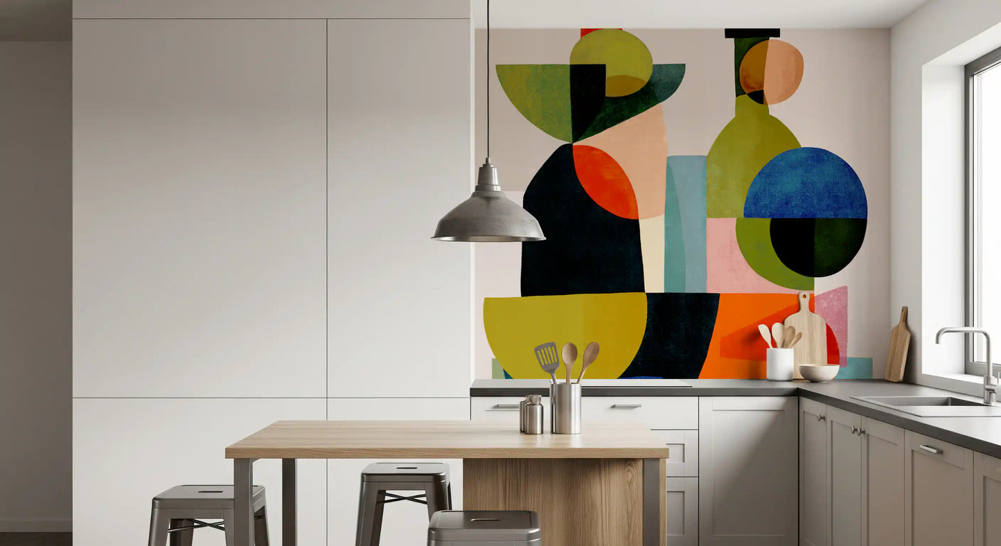 Painterly brushwork edges every shape across the Vessel Study wall mural panel.