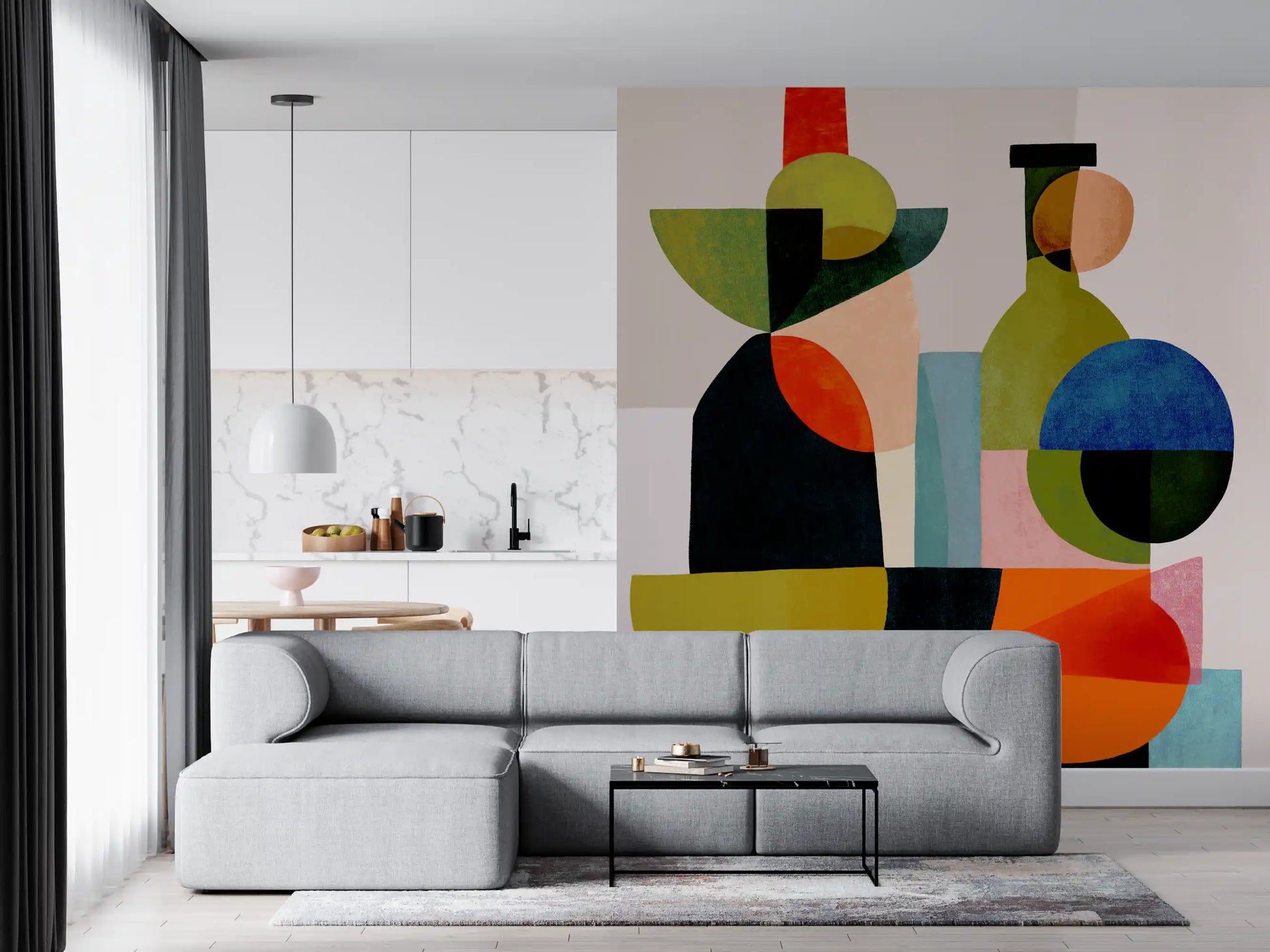 Abstract Vessel Study Wall Mural lifts an entryway with painterly outlines.
