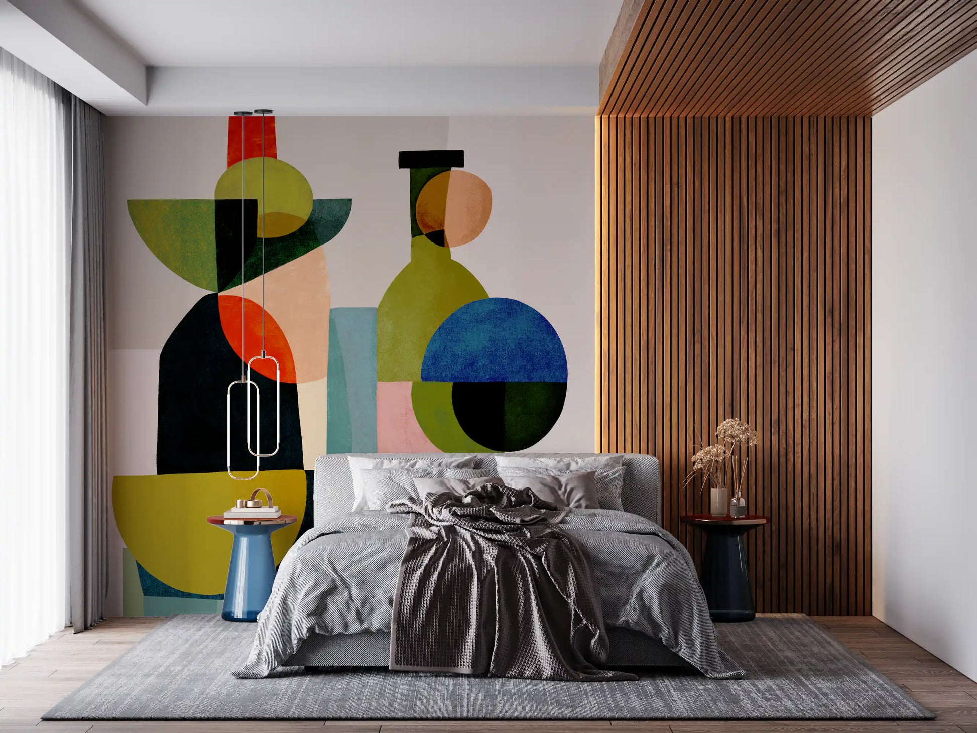 Bedroom Abstract Vessel Study Wall Mural with layered curves and block shapes