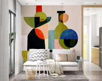 Round, tall and curved shapes warm the Living corner area with this wall mural