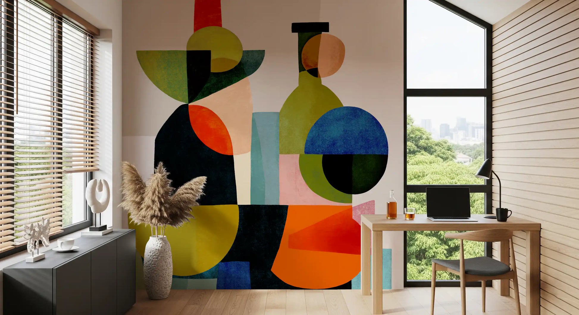 Olive green, terracotta and navy meet powder pink in the Vessel Study wall mural.