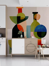 Slim forms stack behind rounded jars through Abstract Vessel Study Wall Mural.