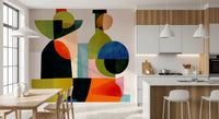Stacked vases and earthy colour fill a dining room with the Vessel Study wall mural.