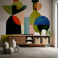 A still life of pots and rounded jars plays across Abstract Vessel Study Wall Mural.