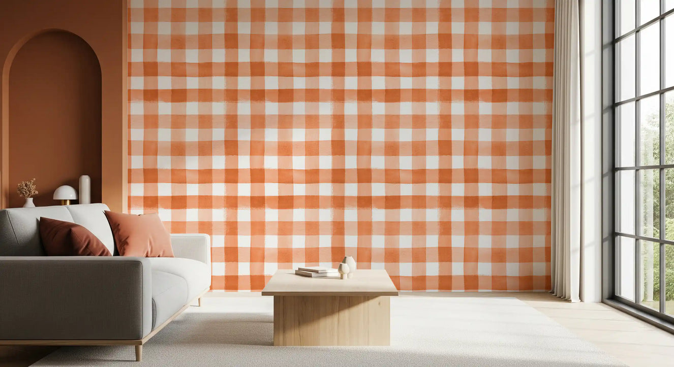 Hand-Painted Terracotta Gingham Wallpaper⁠