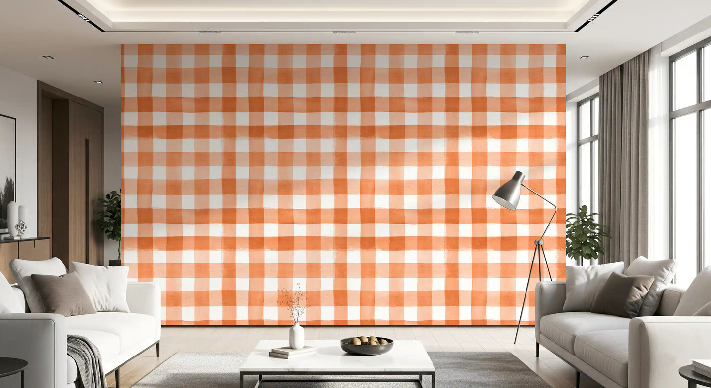 Hand-Painted Terracotta Gingham Wallpaper⁠