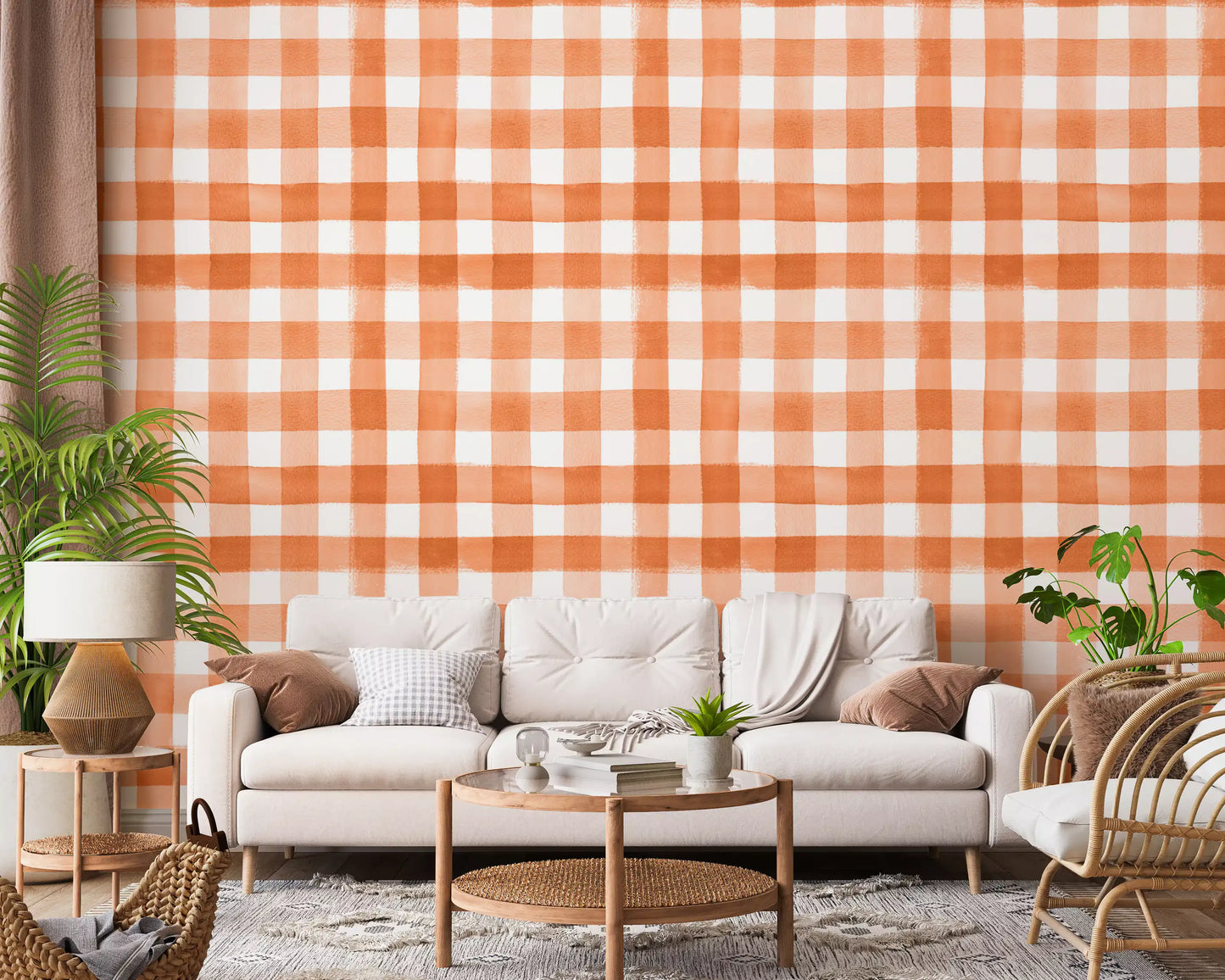 Hand-Painted Terracotta Gingham Wallpaper⁠