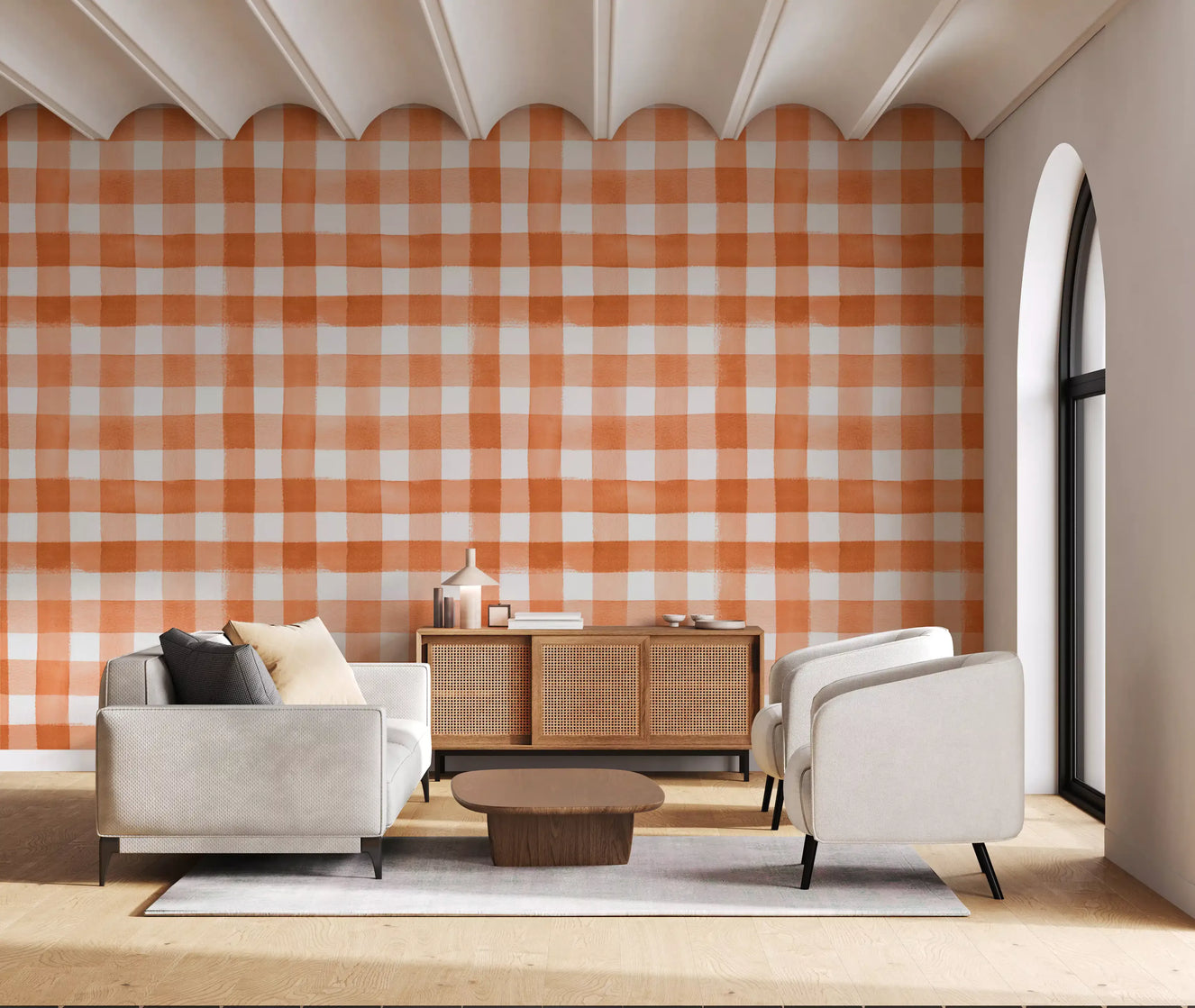 Hand-Painted Terracotta Gingham Wallpaper⁠
