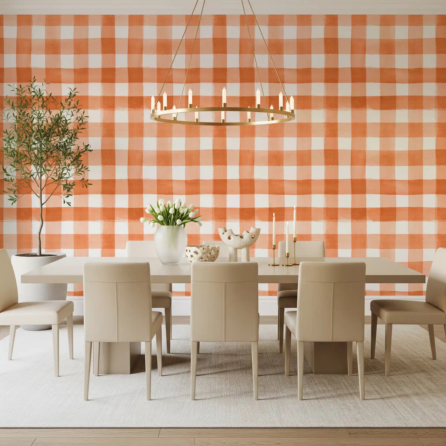 Hand-Painted Terracotta Gingham Wallpaper⁠
