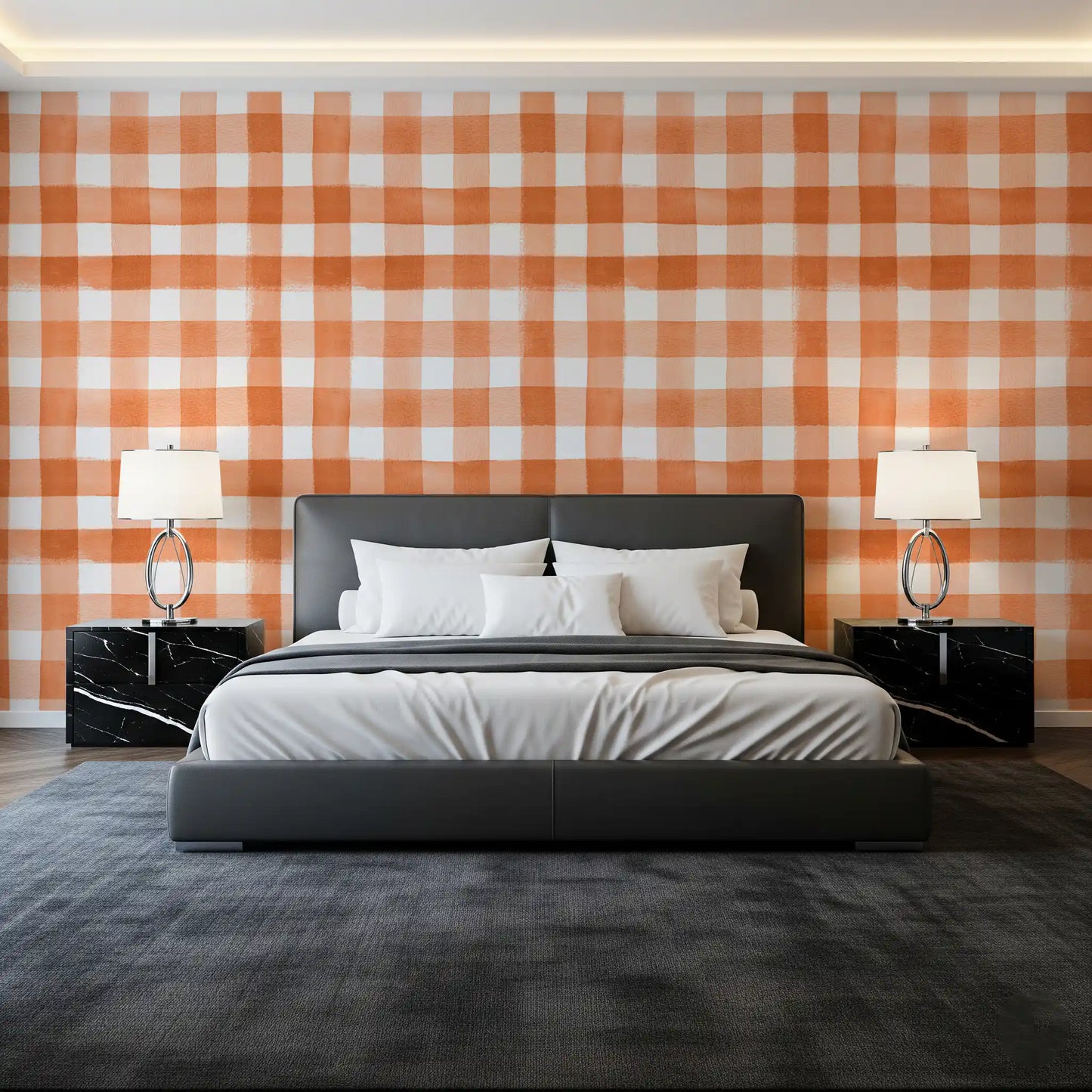 Hand-Painted Terracotta Gingham Wallpaper⁠