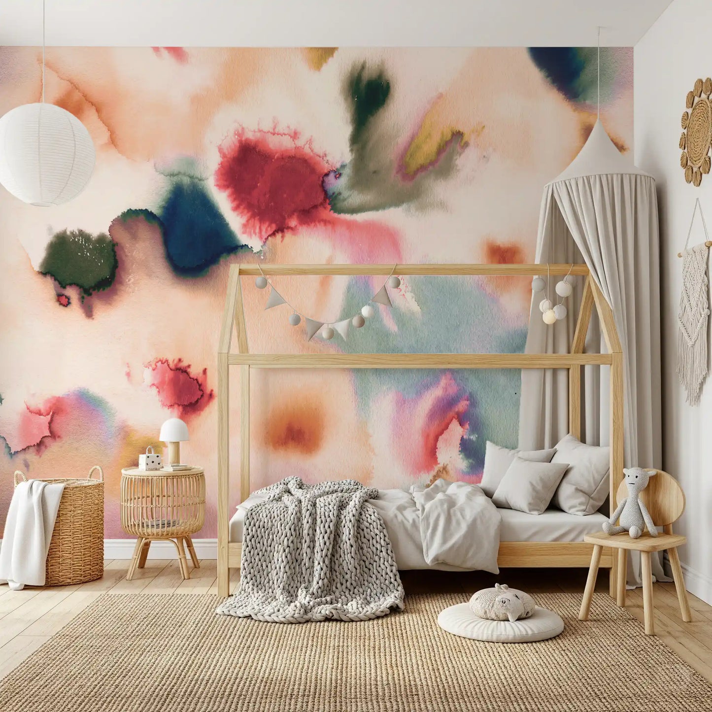 Kids room Flow Wall Mural showing abstract watercolor layers in peach and teal