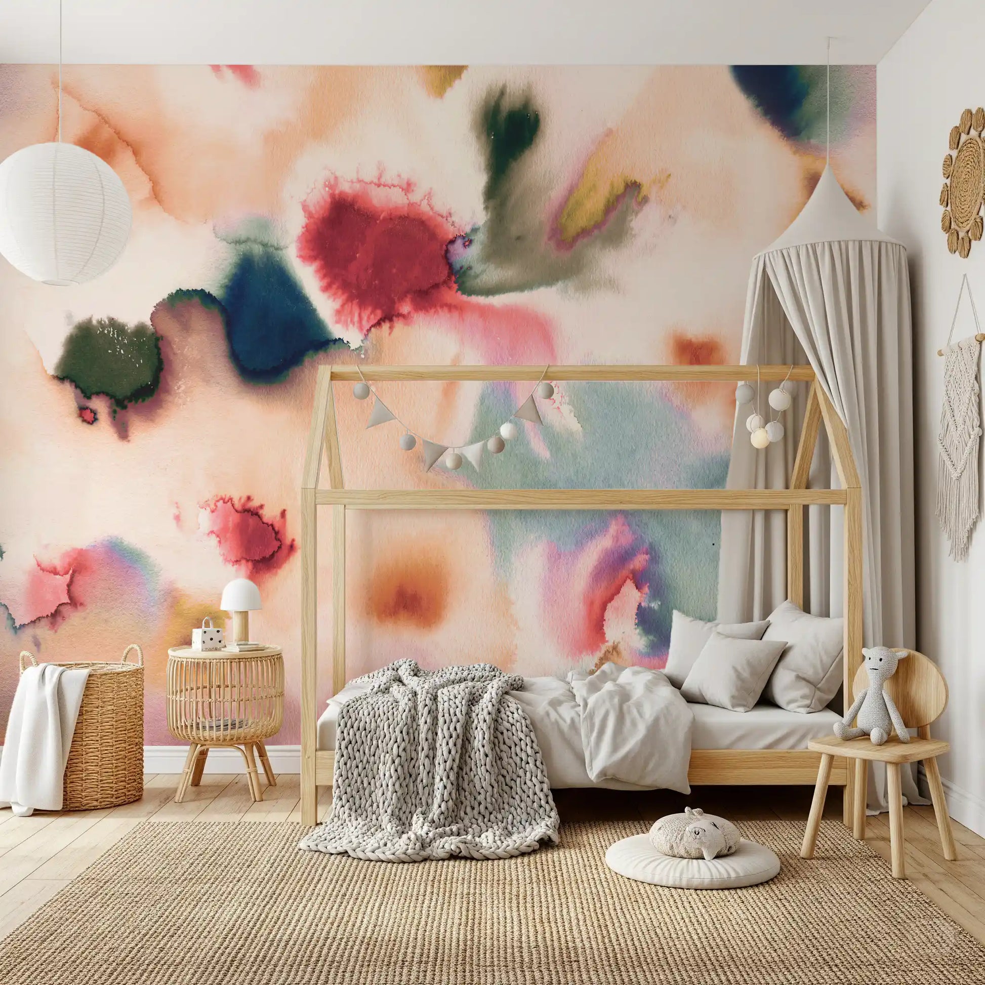 Kids room Flow Wall Mural showing abstract watercolor layers in peach and teal