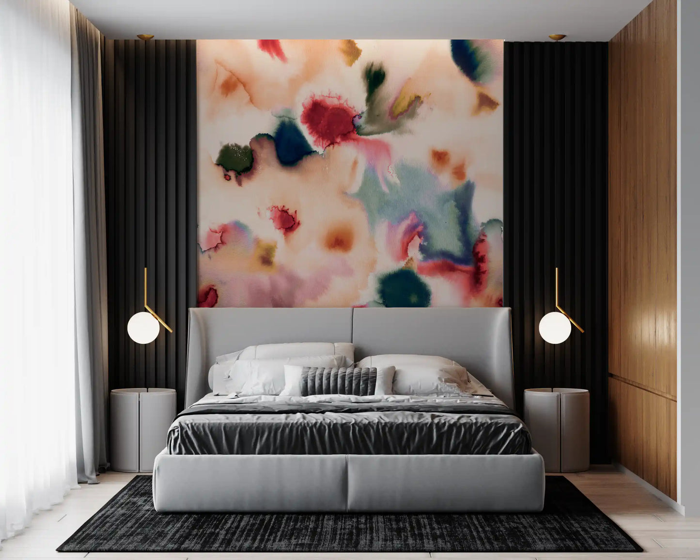 Painterly flow wall mural with coral, navy, blush, and cream watercolor detail