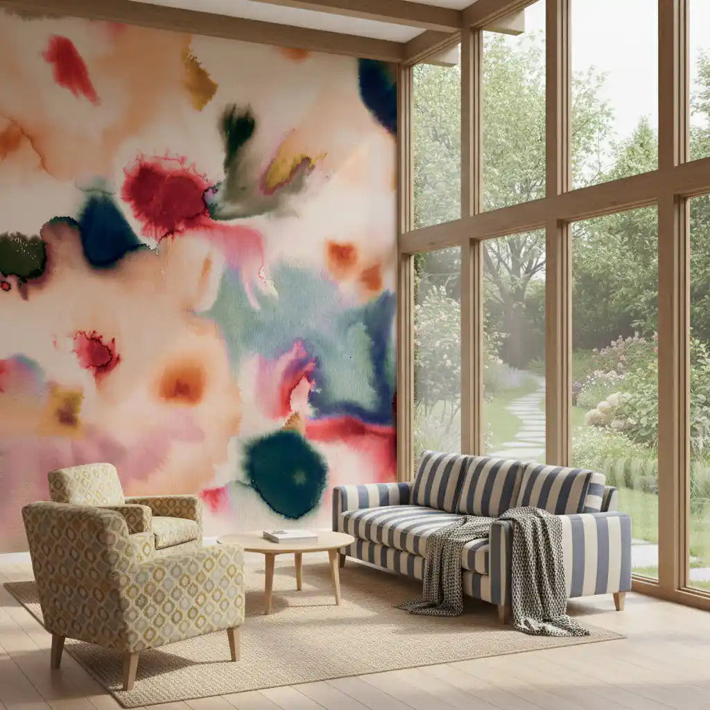 Watercolor flow wall mural in airy peach tones with deeper blue accents