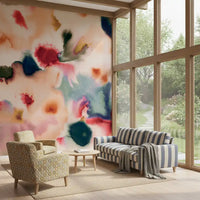 Watercolor flow wall mural in airy peach tones with deeper blue accents