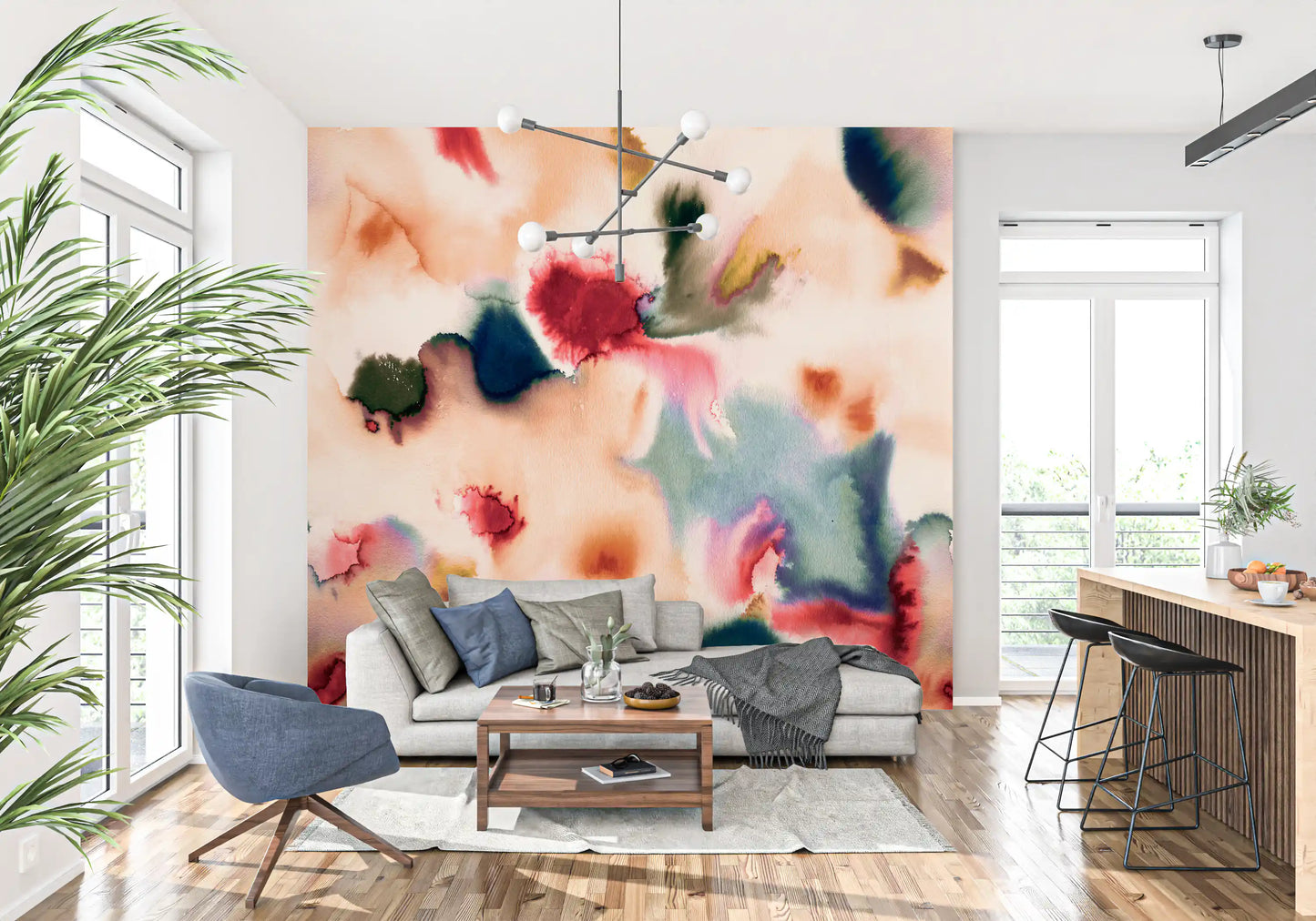 Abstract Watercolor Flow Wall Mural with blurred color washes and soft edges
