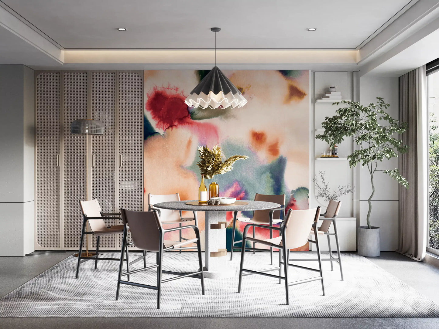 Dining area Abstract Flow Wall Mural with fluid watercolor shapes and airy color