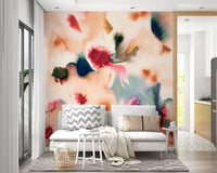 Fluid peach and teal marks shape this abstract watercolor wall mural