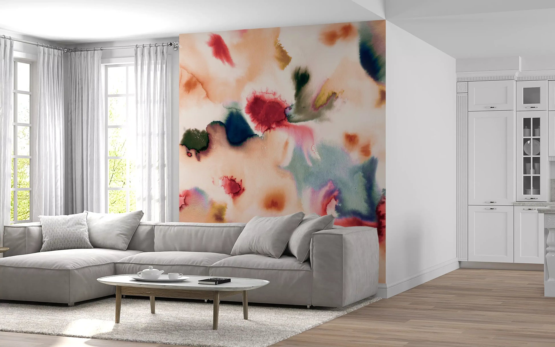 Soft abstract wall mural featuring watercolor drift and layered color movement