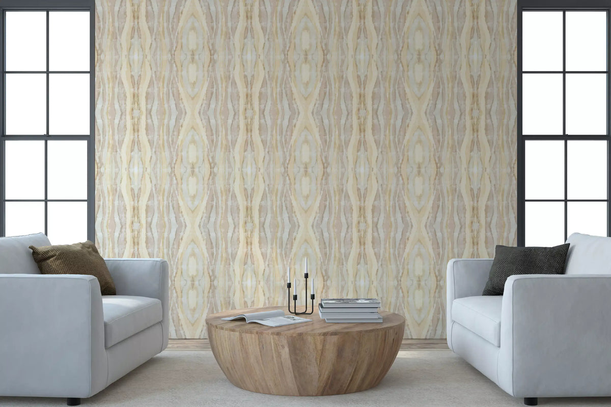 Shibori-inspired wallpaper with flowing stripes and muted earth colour