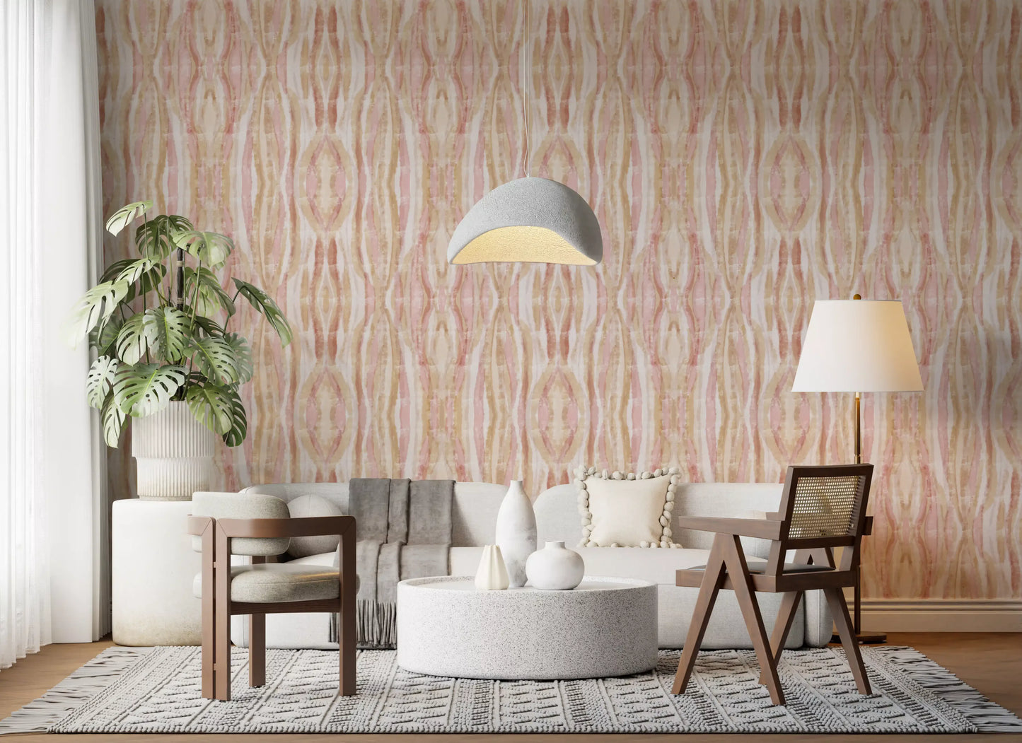 Living room Soft Whisper Wallpaper with flowing ikat stripes and warm neutrals
