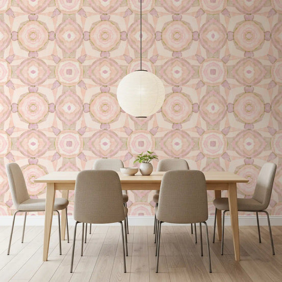 dining room Soft Watercolor Harmony Wallpaper with blush mirrored pattern
