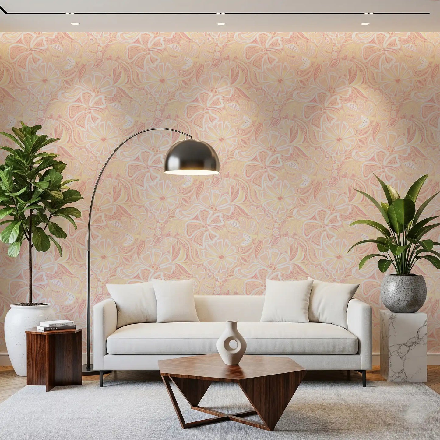 Home office Peachy Floral Whimsy Wallpaper with pastel blooms on a peach base